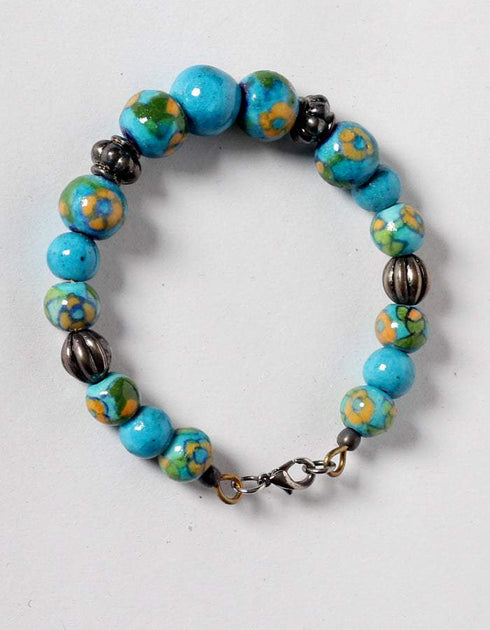 Blue Pottery Full Bead Necklace With Earrings and Bracelet (Turquoise)